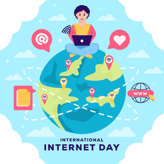 Flat international internet day illustration with a man surfing the internet