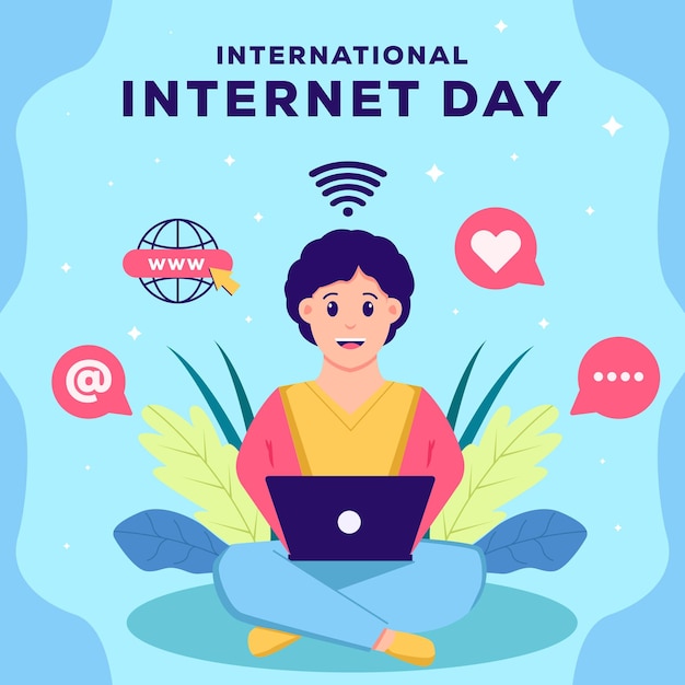 Flat international internet day illustration with a man using a laptop