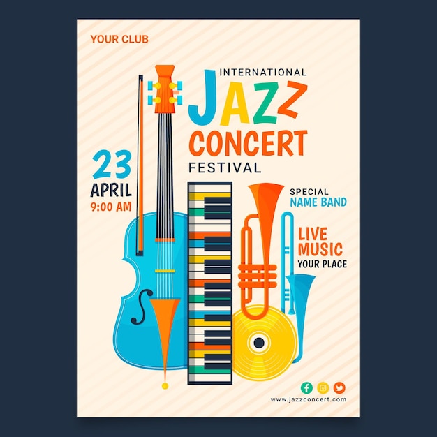 Вектор Плоский шаблон вертикального плаката международного дня джаза