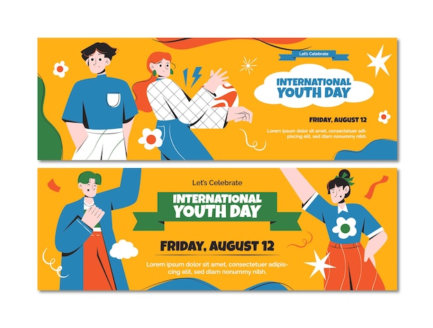 Vector flat international youth day horizontal banners set