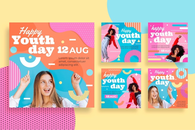 Vector flat international youth day post collection with photo