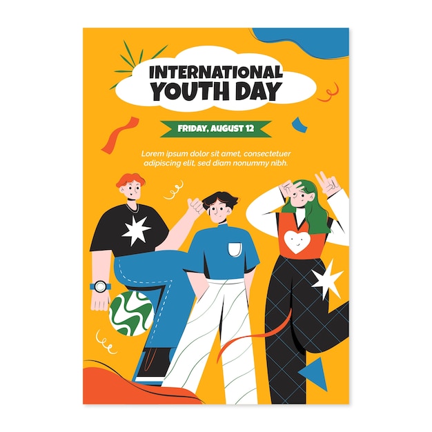 Плоский международный день молодежи вертикальный шаблон плаката