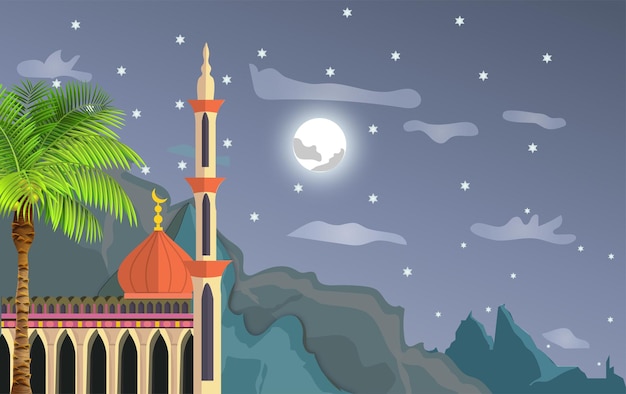 Вектор Плоская исламская иллюстрация с мечетью на полумесяце ночной луны