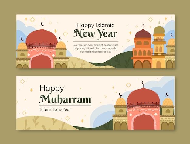 Vector flat islamic new year horizontal banners collection