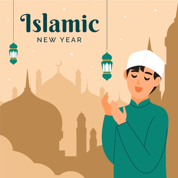 Vector flat islamic new year illustration with lanterns and person praying