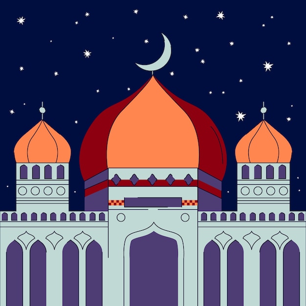 Плоская исламская новогодняя иллюстрация с дворцом и полумесяцем