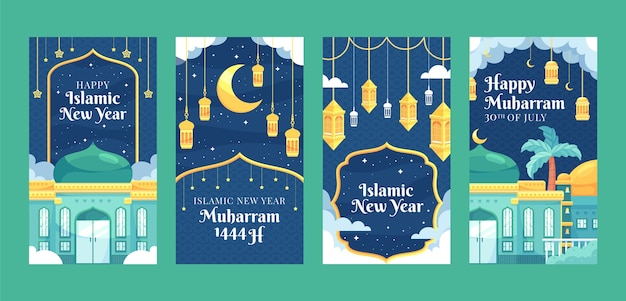 Collezione di storie di instagram di capodanno islamico piatto