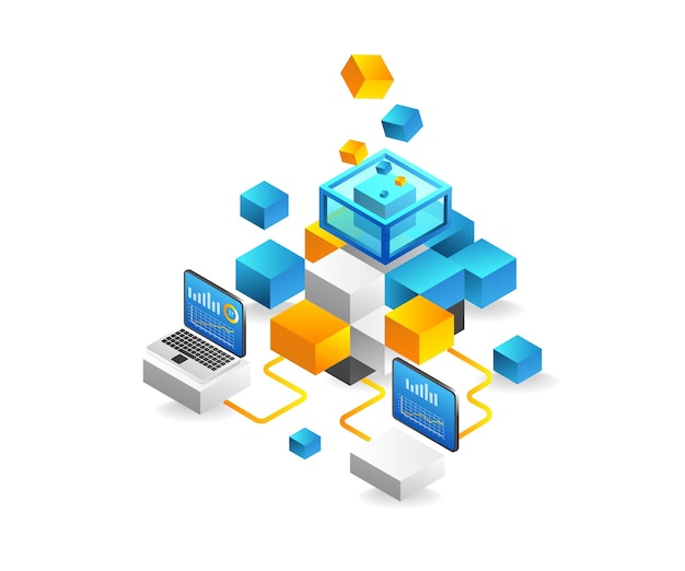 Piatto isometrico 3d illustrazione business analytics tecnologia blockchain concetto