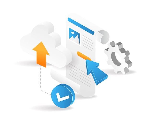 Flat isometric 3d illustration click ok data transfer to server cloud