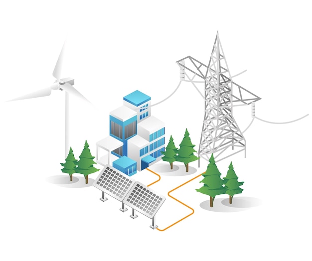 Flat isometric 3d illustration concept of electricity energy solar panel