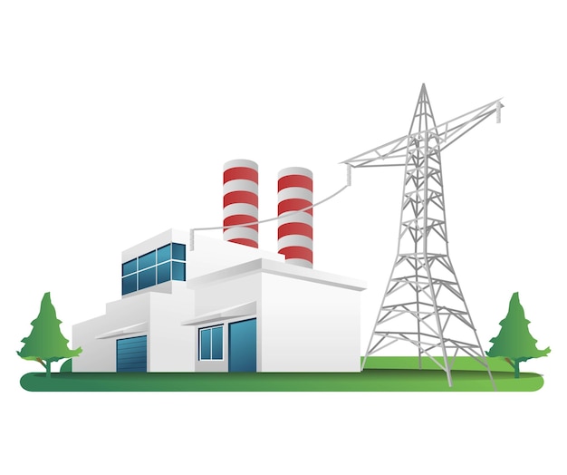 Concetto isometrico piano dell'illustrazione 3d dell'edificio industriale minimalista della fabbrica con i pali di elettricità