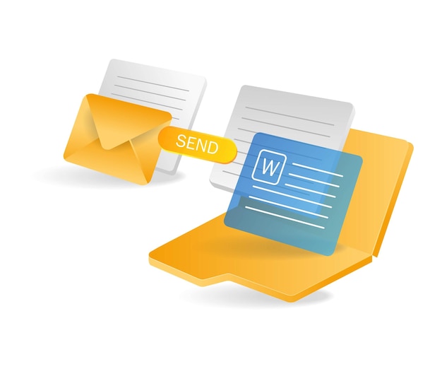 Flat isometric 3d illustration of the concept of sending data to a folder