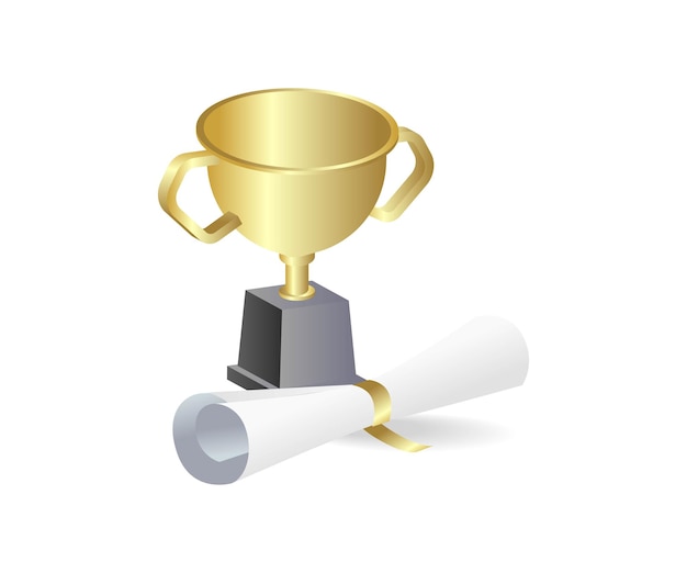 Flat isometric 3d illustration concept of trophy and paper scroll