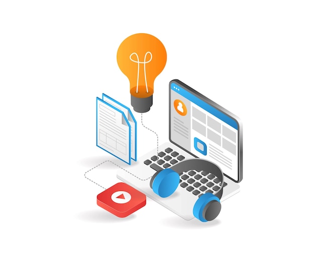 Flat isometric 3d illustration of learning online with video tutorials