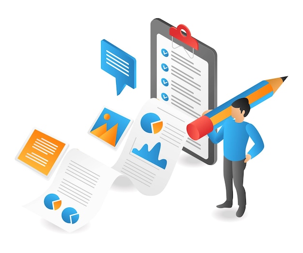 Flat isometric 3d illustration of man analyzing business data