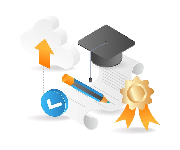 Flat isometric 3d illustration of online education with data on cloud server