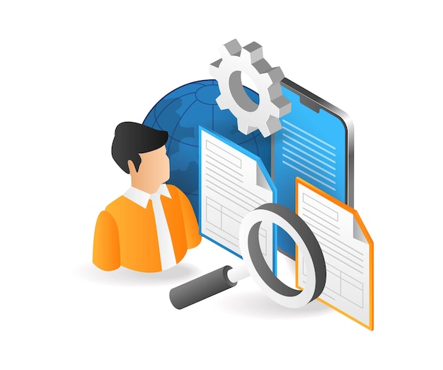 Flat isometric 3d illustration process of sorting data in smartphone folder