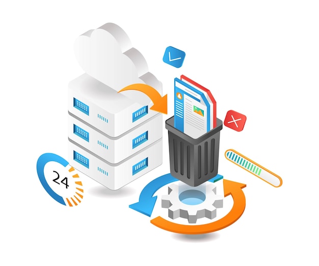 Flat isometric 3d illustration process waste data processing