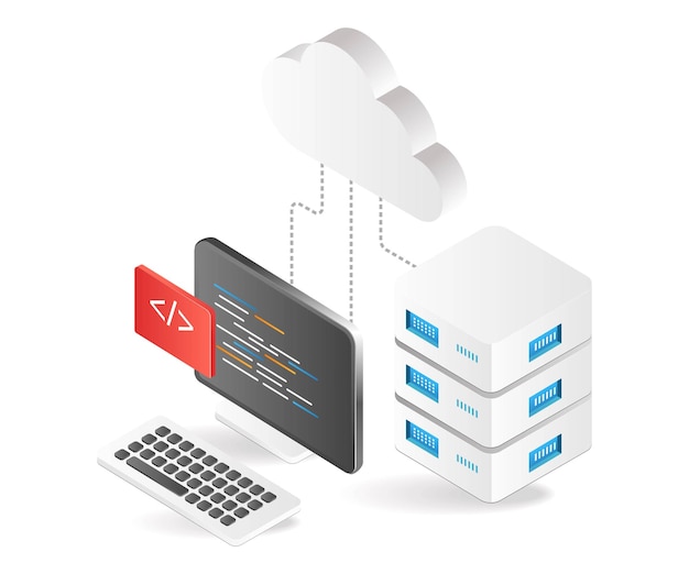 サーバー用のフラット アイソメ 3 d イラスト プログラミング言語