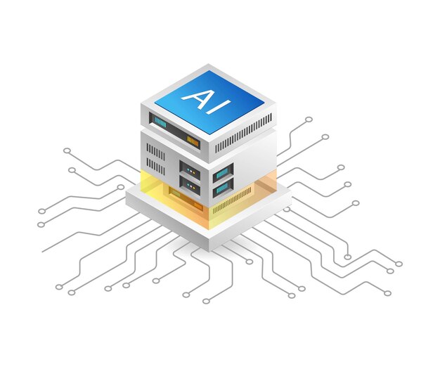 Vector flat isometric 3d illustration technology server artificial intelligence chip concept