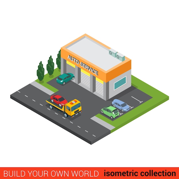 Flat isometric auto car repair service building block infographic concept Small business three services boxes and rescue tow truck street road parking Build your own infographics world collection