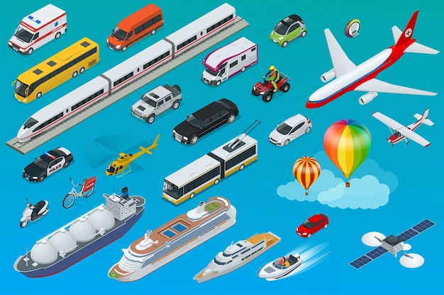 Vector flat isometric city transport icon set. air, land and sea transport. vector illustration