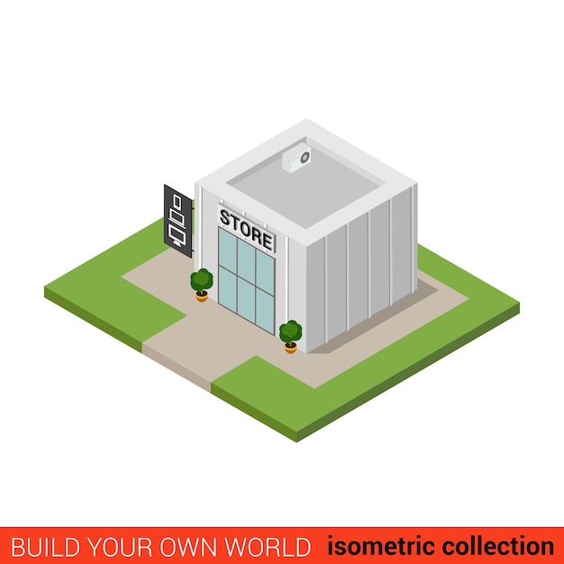 Flat isometric computer electronics store building block infographic concept smartphone phone tablet pc shop build your own infographics world collection