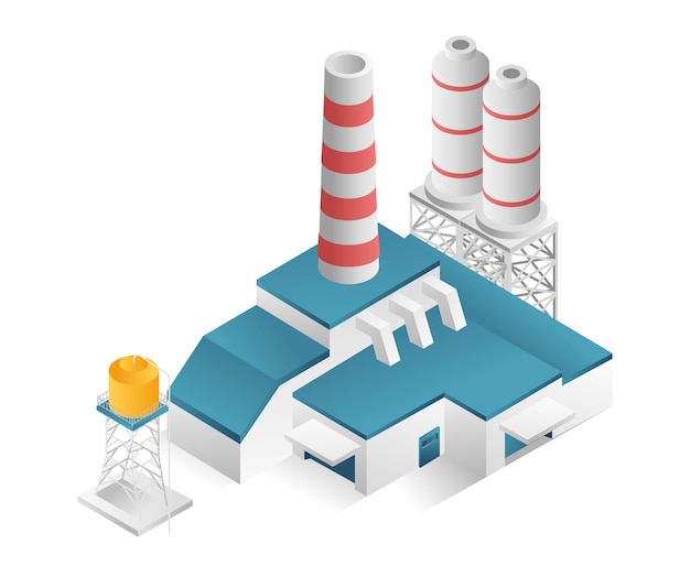 Vettore concetto isometrico piatto illustrazione 3d costruzione minimalista industria moderna del magazzino della fabbrica con la bombola del gas e il camino