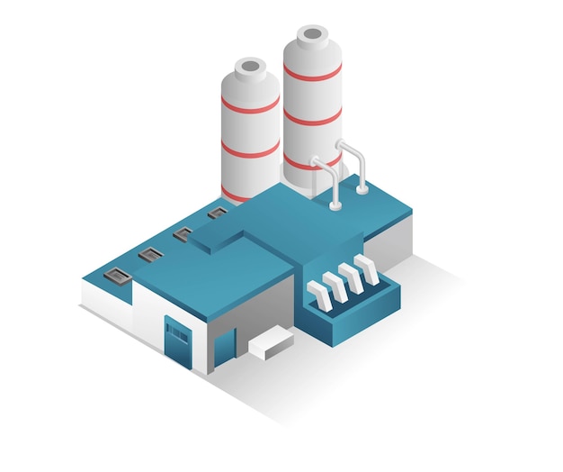 Flat isometric concept 3d illustration modern factory industrial minimalistic building with big tube