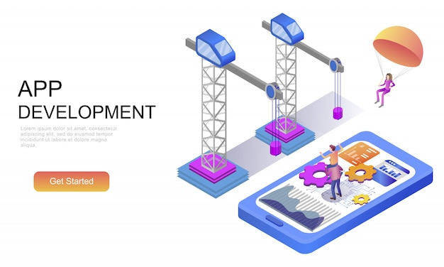 Flat isometric concept of app development