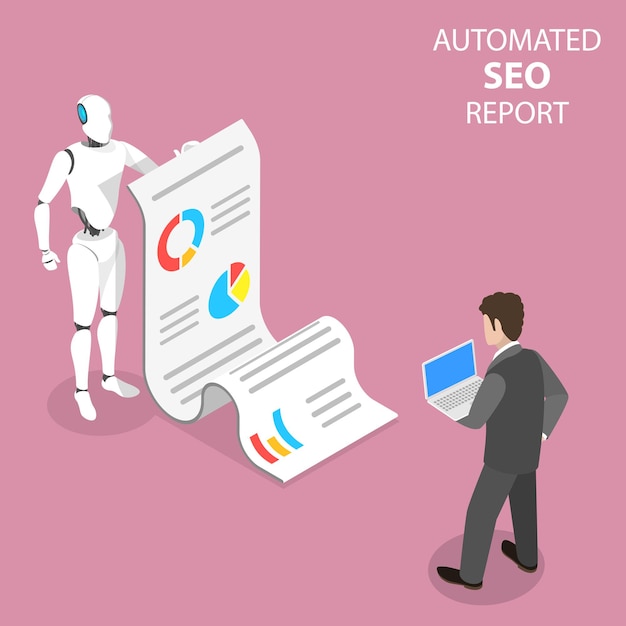 Flat isometric concept of automated SEO report, website performance, data analysis, web analytics, digital marketing strategy.