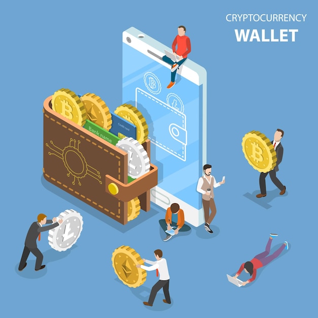 Flat isometric concept of cryptocurrency wallet