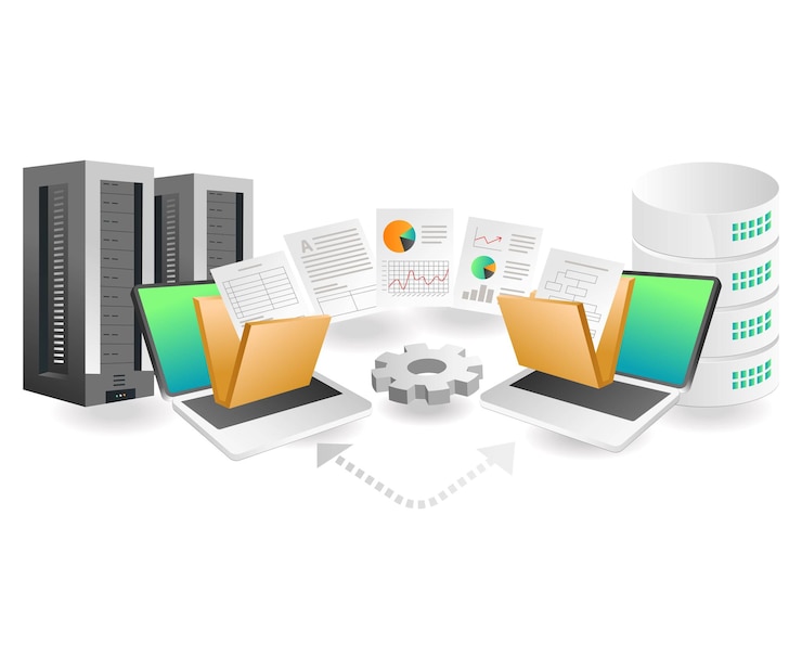 Vector flat isometric concept illustration analyst data transfer process between database servers