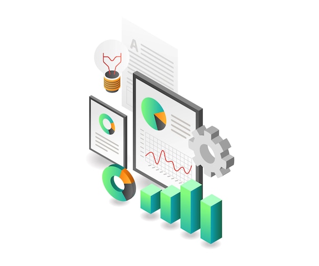 Illustrazione del concetto isometrico piatto idea automatica dei dati di analisi dell'attività di investimento