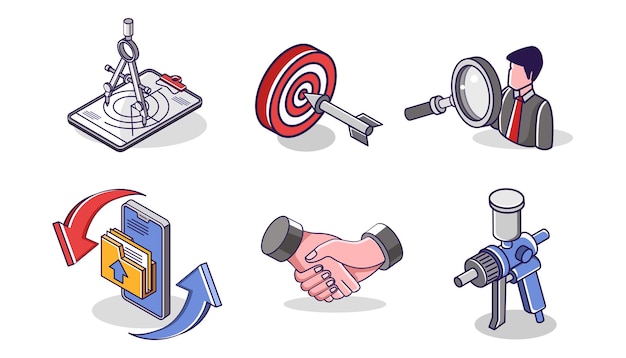 Flat isometric concept illustration business creative icon set bundle