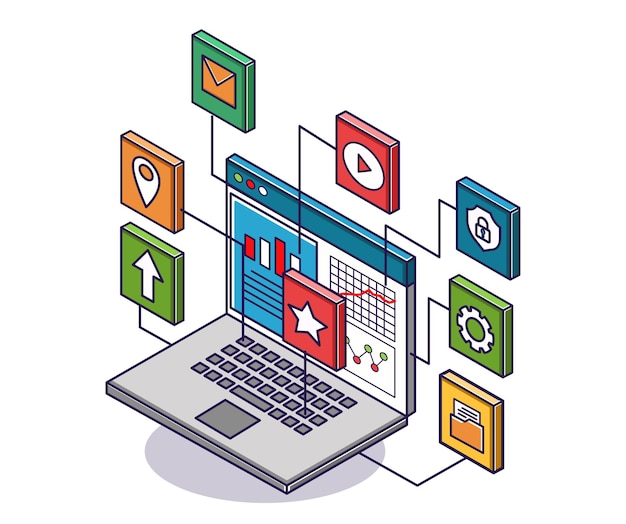 Flat isometric concept illustration computer data network analyst