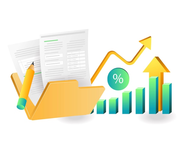 Flat isometric concept illustration data analysis in investment business folder