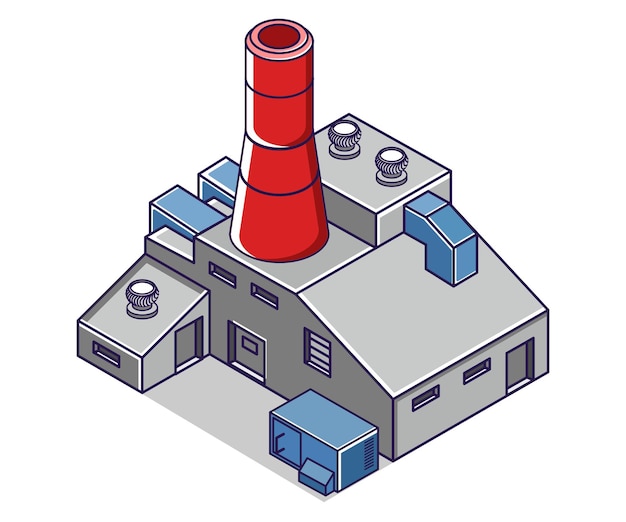 Flat isometric concept illustration factory building view with chimney