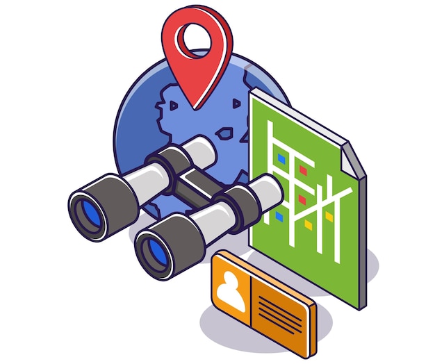 Flat isometric concept illustration find location with binoculars