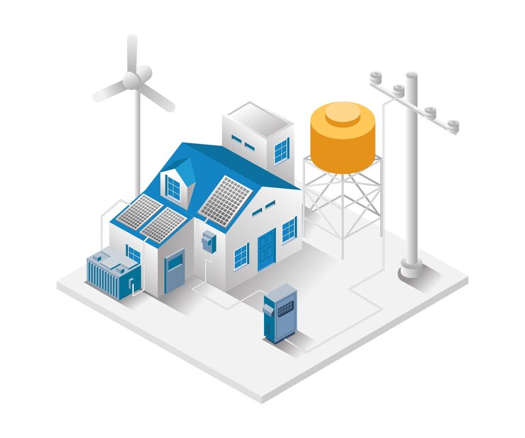 Vector flat isometric concept illustration house with solar panel electricity