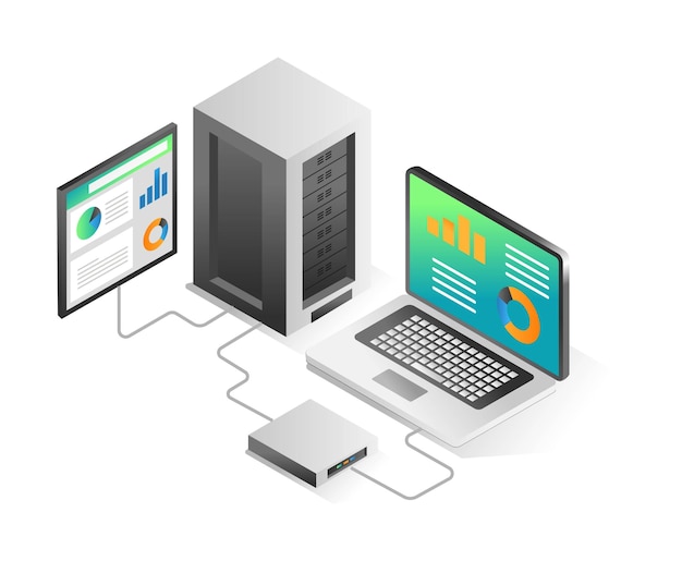 Flat isometric concept illustration laptop analysis data connection with central server