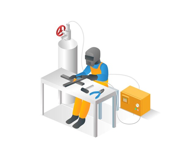 Flat isometric concept illustration man welding iron