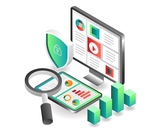 Flat isometric concept illustration personal account security data analysis