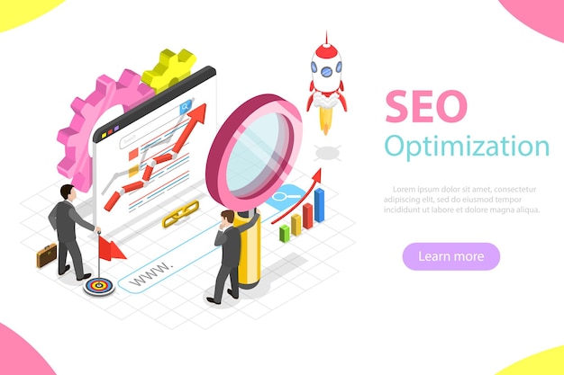 Vector flat isometric concept of search engine ranking, web analytics, seo
