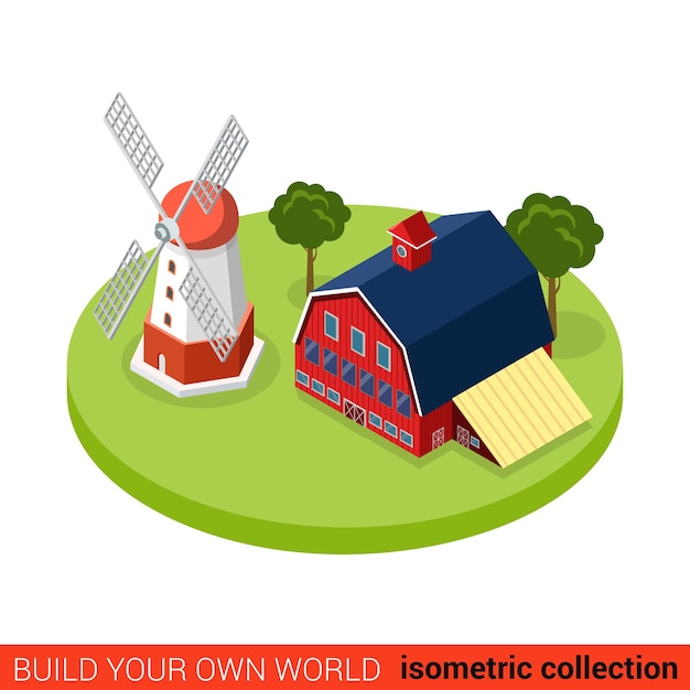 Vector flat isometric country side windmill threshing farm building block infographic concept countryside barn warehouse storage build your own infographics world collection