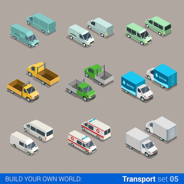 flat isometric high quality city freight cargo transport icon set car truck van construction ambulance delivery water micro bus build your own world web infographic collection