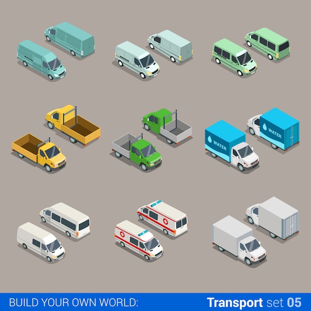 Vector flat isometric high quality city freight cargo transport icon set car truck van construction ambulance delivery water micro bus build your own world web infographic collection