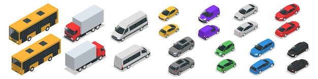 Vettore set di icone per auto da trasporto urbano di alta qualità isometrica piatta. auto, furgone, camion carico, fuoristrada, bici, mini, auto sportiva. set da trasporto. set di trasporto urbano pubblico e merci per infografica