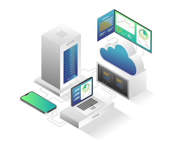 Flat isometric illustration cloud server analysis computer