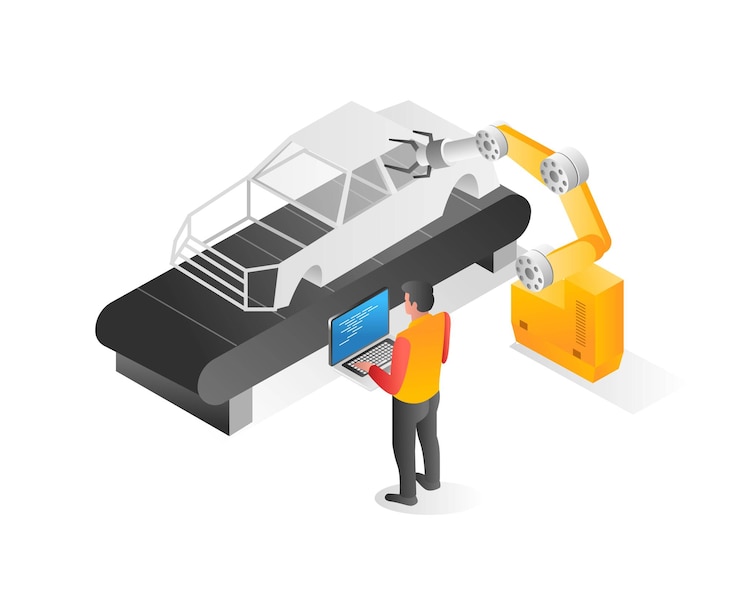 Vector flat isometric illustration concept car assembly machine operator